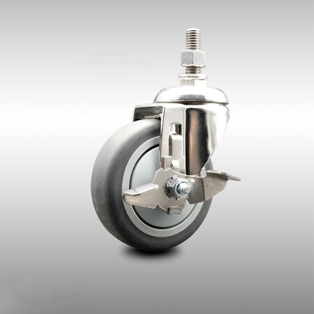 Service Caster 4 Inch 316SS Thermoplastic Rubber Swivel 3/8 Inch Threaded Stem Caster Brake SCC SCC-SS316TS20S414-TPRB-TLB-381615